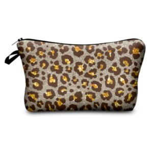 Makeup bag leopard print design with grey background, for travel, makeup as an organizer, zip top closure