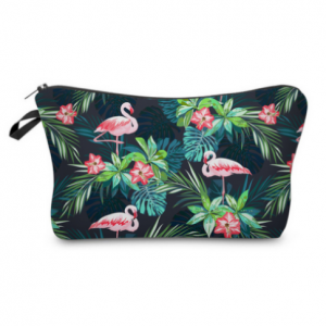 Makeup bag tropical flamingo design with black background, for makep or travel