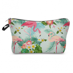 Cosmetic bag tropical flamingo design with light blue back ground, perect for makeup or travel